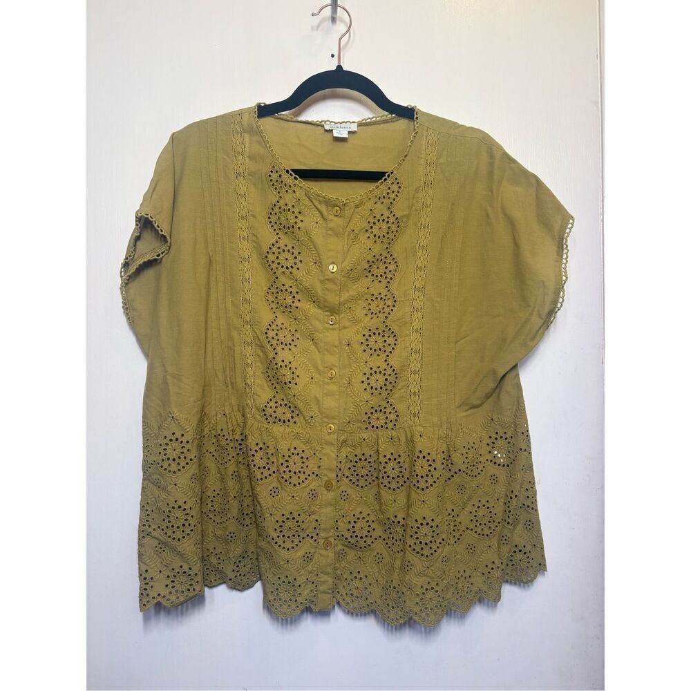 Sundance Boho Eyelet Green Button Front Blouse Si… - image 1
